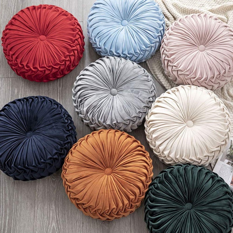 Teieas Round Throw Pillow Velvet Home Decoration Pleated Round Pillow Cushion for Couch Chair Bed Car Beige - Image 2